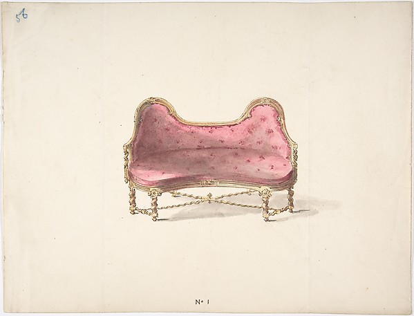 Design for a Double Hump-backed Sofa with Turned Legs and Arms, with Red Tufted Upholstery