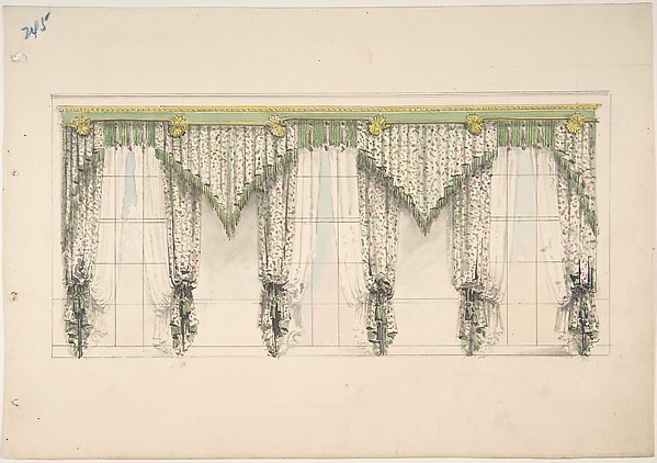 Design for Curtains with Pink, Green and White Floral Fabric and Pink and Green Fringes