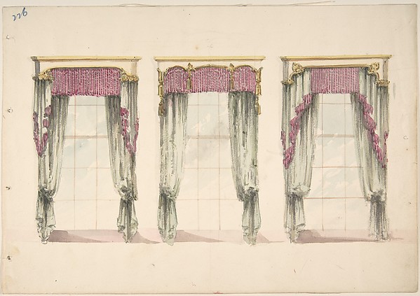 Design for Gray Curtains with Pink Fringes, and White and Gold Pediments