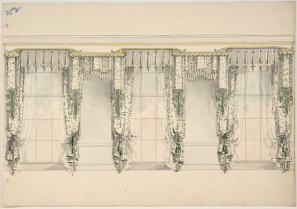 Design for Green and White Curtains with Green Fringes, and White and Gold Pediments