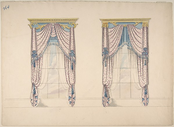 Design for Pink, White and Blue Curtains with Blue Fringes, and Gold and Blue Pediments
