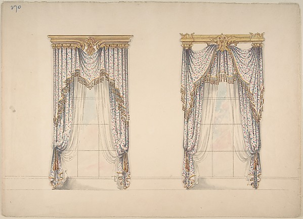 Design for Pink, Green and White Curtains with Gold and Red Fringes, and Gold Pediments