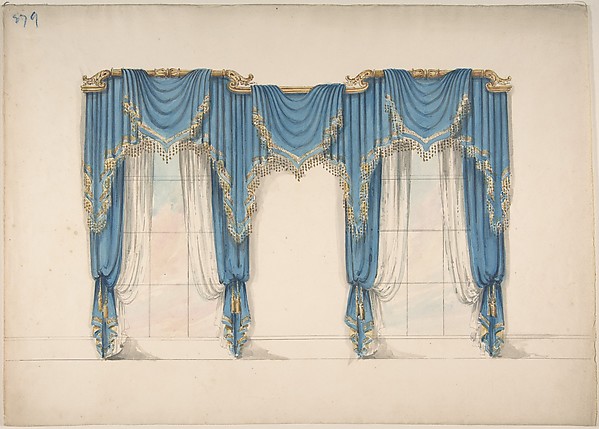 Design for Blue Curtains with Gold Fringes and Pediments