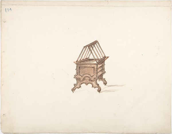 Design for a Two-sided Bookstand with Shelves (Verso: sketch)