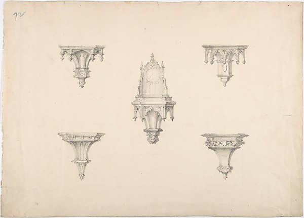 Design for Five Medieval Brackets, the Central One Bearing a Clock