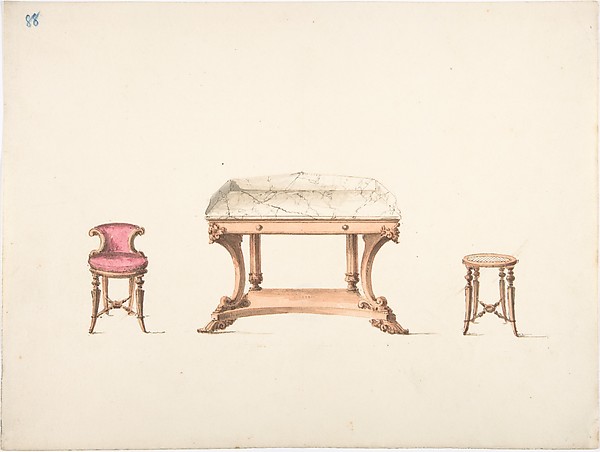 Design for a Marble Topped Table and a Low-backed Chair and a Stool