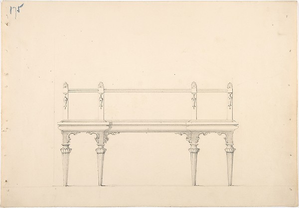 Design for a Mirrored Sideboard with Diminishing Columnar Legs and Classical Ornament