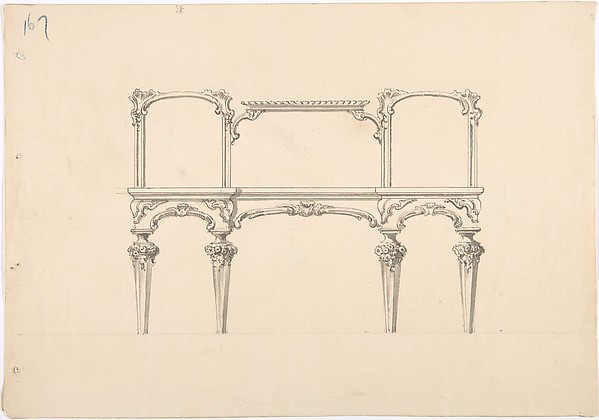 Design for a Mirrored Sideboard with Diminishing Legs, Floral and Rocaille Ornament