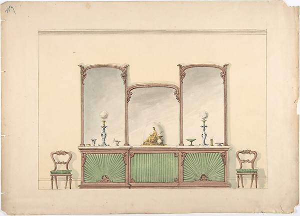 Design for a Mirrored Three Sectioned Marble-topped Cabinet and Two Chairs