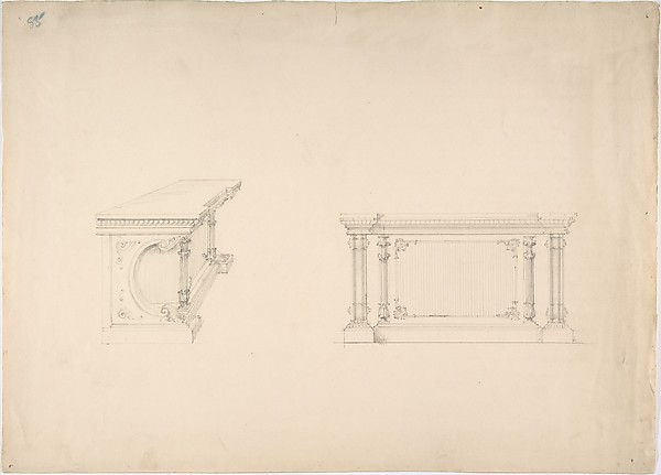 Design for a Cabinet with Columns and Inset Fabric Panels: Elevation and Side View