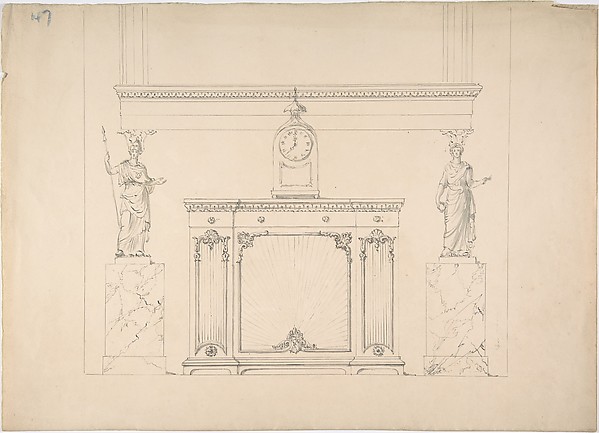 Design for a Cabinet with Inset Fabric Panels, and Two Female Classical Statues on Marble Pedestals