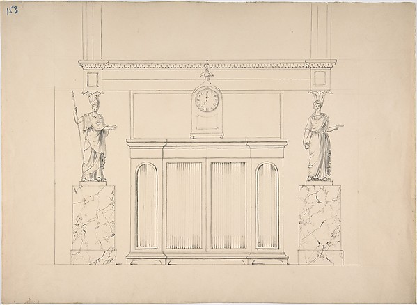 Design for a Cabinet with Inset Fabric Panels, and Two Female Classical Statues on Marble Pedestals