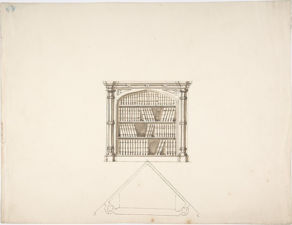 Design for a Gothic Style Corner Book Cabinet: Elevation and Plan by Anonymous, British, 19th century, The Metropolitan Museum of Art