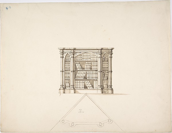 Design for a Gothic Style Corner Book Cabinet: Elevation and Plan