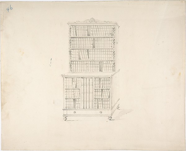 Design for a Two Tiered Book Cabinet with Turned Feet and Ornament (Verso: sketch)