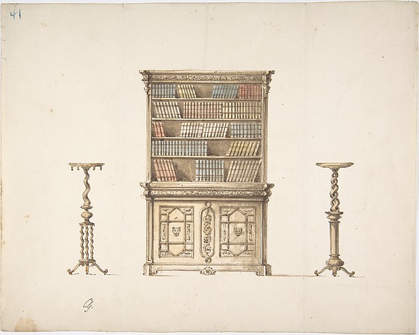 Design for a Bookcabinet and Two Pedestals (Verso: sketch)