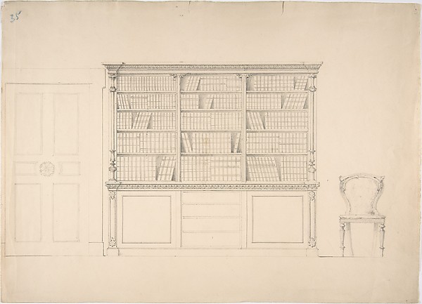 Design for a Large Bookcabinet, with a Door at Left and a Chair at Right
