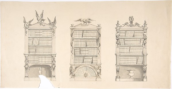 Design for Three Bookcabinets Two Adorned with Eagles and Snakes, the other with Masks, Flames and Grotesques