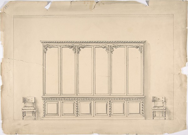 Design for a Very Large Cabinet  with Turned Elements, and Two Chairs