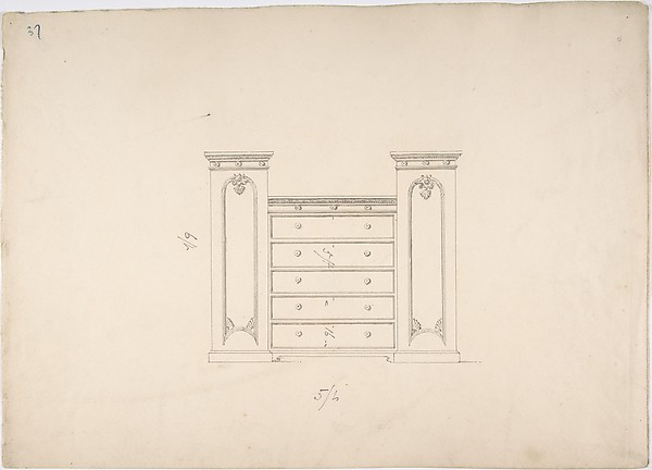 Design for a Cabinet with Central Drawers and Palmeate Ornament