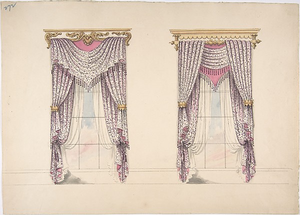 Design for Curtains with Purple, White and Mink Fabric, Purple Fringes and Gold and White Pediments