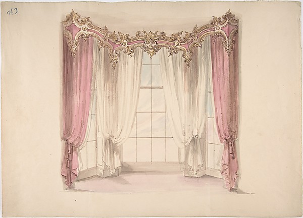 Design for Pink Curtains and White Inner Curtains, with a Gold, White and Pink Pediment