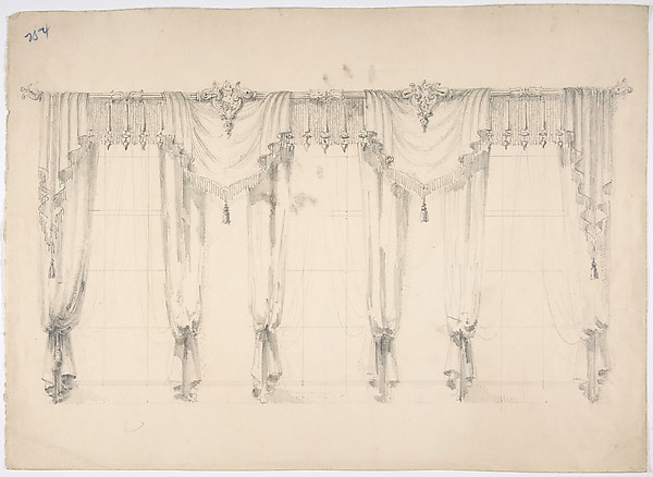 Design for Fringed Curtains Surrounding Three Windows