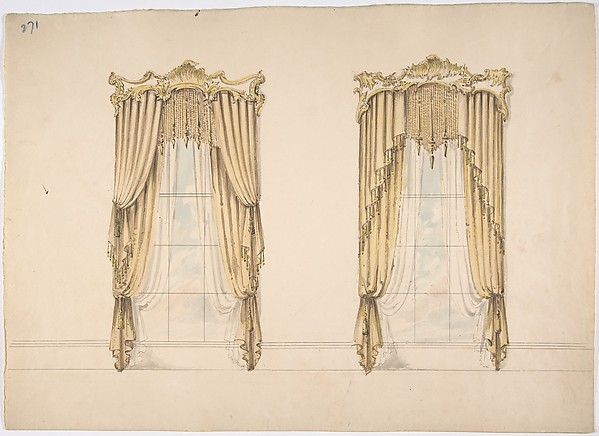 Design for Gold Curtains with Gold Fringes and a Gold and White Pediment