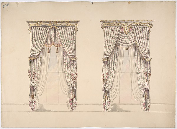 Design for Pink, Green and White Curtains with Pink and Gold Fringes and a Gold and White Pediment