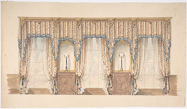 Design for Pink, Gold, Blue and White Curtains with Blue Fringes and a Gold and Wood Pediment