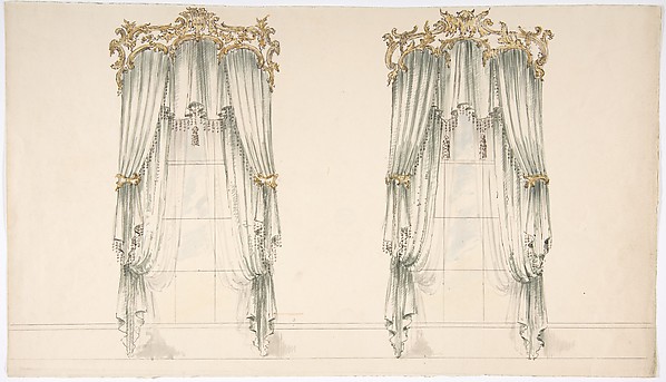 Design for White Curtains with White Fringes and a Gold and White Pediment
