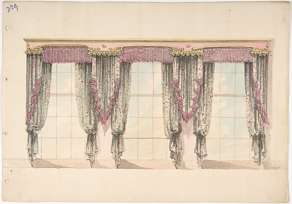Design for Gray and Pink Curtains with Pink Fringes and a PInk and Gold Pediment