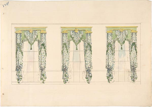 Design for Green and White Curtains with Green Fringes and a Green and Gold Pediment