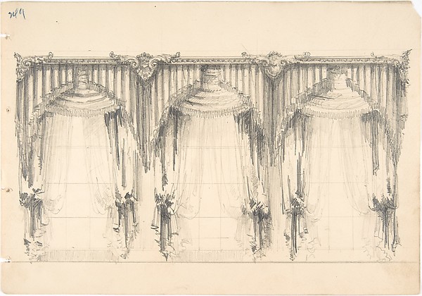 Design for Fringed, Pelmeted Curtains Hanging at Three Widows