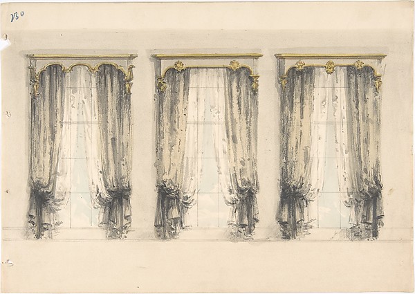 Design for Three Sets of Gray Curtains , with Gray and Gold Pediments