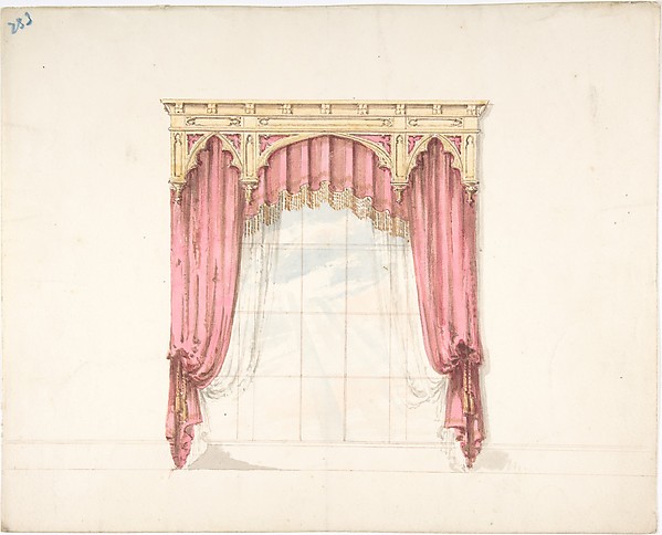 Design for Red Curtains with Gold Fringes and a Gold Gothic Pediment