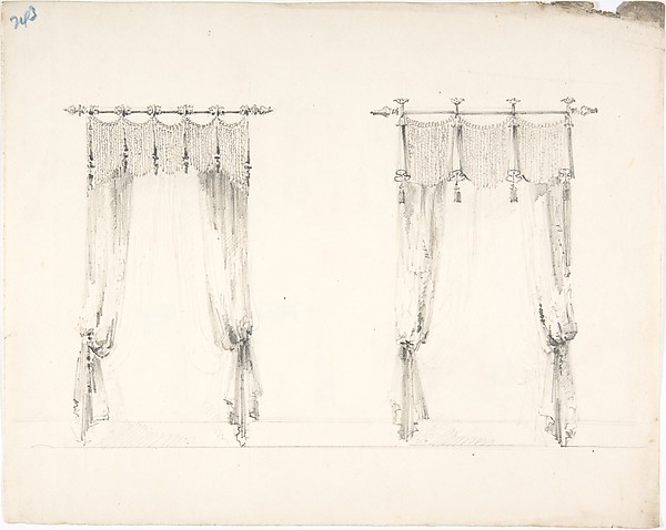 Design for Two Fringed Curtains Handing from Rods (Verso: Sketches)