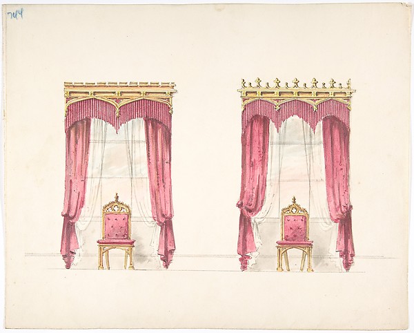 Design for Two Red Fringed Curtains with Gold Pelmets by Anonymous, British, 19th century, The Metropolitan Museum of Art