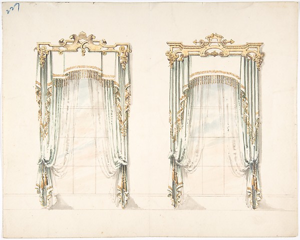 Design for Two White Curtains with Gold Fringes and a White and Gold Pelmets