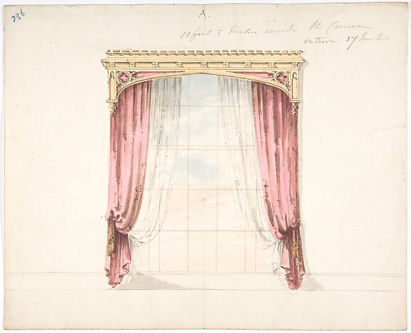 Design for Red Curtains with a Gothic Style Gold Pediment