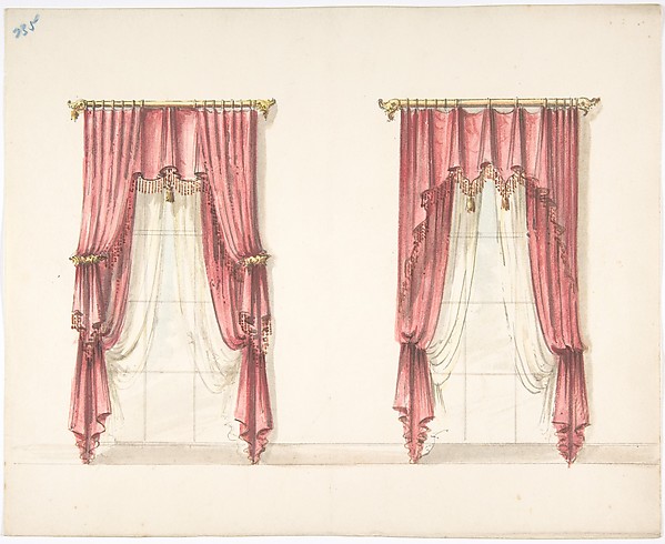 Design for Two Red Fringed and Tasseled Curtains Hanging from Rods