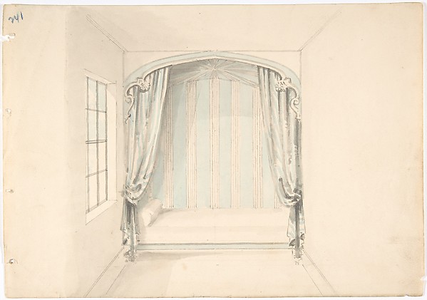 Design for a Canopied Bed with Pale Blue and White Hangings