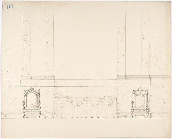 Elevation of a Wall with Marble Pilasters, a Draped Table and Two Armchairs with Footstools