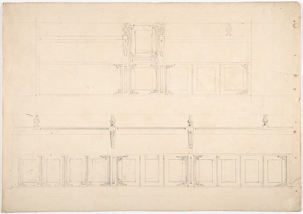 Paneling and Benches (Verso: sketch of a Desk)
