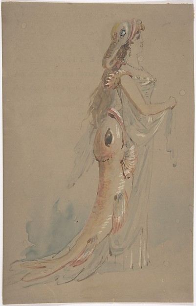Woman Wearing a Costume Whose Bustle and Headdress are the Shape of Fishes