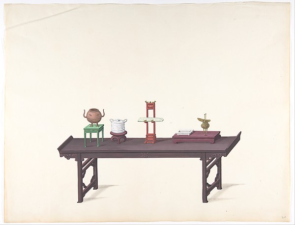 Long, Low Purple Lacquer Table with Objects