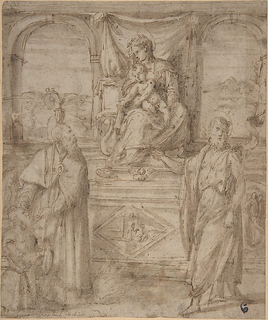 Madonna and Child Enthroned with Saint Basil the Great and Saint John the Baptist and Donor by Niccolò dell' Abate