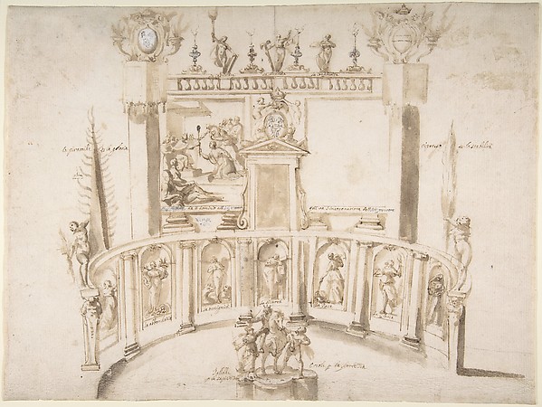 Design for a Garden Fête with a Semi-circular Wall and Statues in Niches.