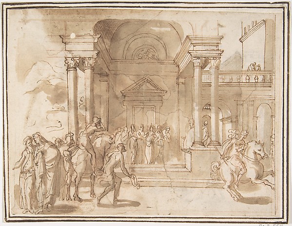 Unidentified Subject:  Figures before a Palace or Temple