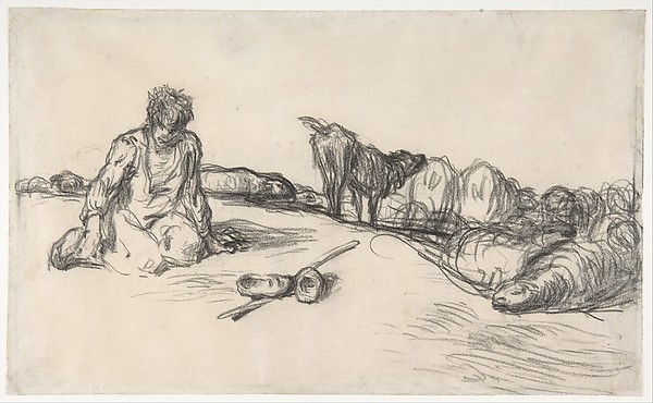 A Seated Shepherd with His Dog and Sheep